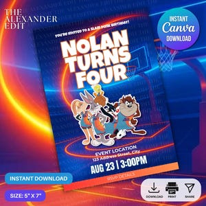Space Jam Invitation Birthday Invitation: Slam Dunk Party, Editable 5x7 (Digital Download, Canva Template