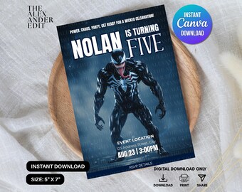 Invitación de cumpleaños de Venom / Invitación para fiesta de superhéroes / Plantilla editable de Canva / Cumpleaños de niño / Descarga instantánea