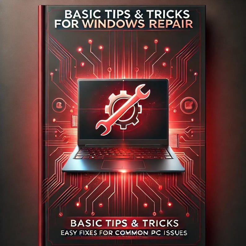 Pode incluir: Uma capa de livro com um design vermelho e preto que apresenta um laptop com uma chave de fenda e um &iacute;cone de engrenagem na tela. O t&iacute;tulo do livro &eacute; "Basic Tips & Tricks for Windows Repair" e o subt&iacute;tulo &eacute; "Easy Fixes for Common PC Issues".