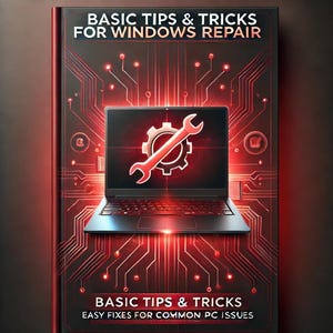 以下が含まれることがあります： 赤い黒のデザインの表紙で、画面にレンチと歯車のアイコンが表示されたラップトップが描かれています。本のタイトルは「Basic Tips & Tricks for Windows Repair」、サブタイトルは「Easy Fixes for Common PC Issues」です。
