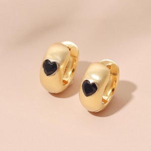 Earrings gold onyx huggie heart dainty hoop 18k gold plated black gemstone minimalist jewelry gift for her January birthstone everyday wear