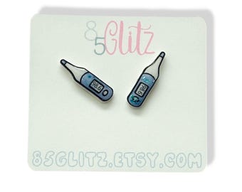 Tiny Thermometer Stud Earrings – Nurse Doctor Medical Jewelry – Cute Healthcare Studs – Funny Hospital Gift for Nurses