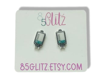 Tiny IV Bag Stud Earrings – Nurse Medical Jewelry – Cute Healthcare Studs – Hospital Gift for Nurses – Funny Medical Accessory