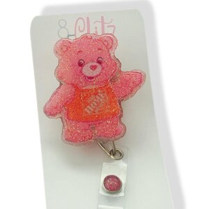 Sparkly Care Bear Badge reel, Cute glitter id clip for techs, retail workers and nurses