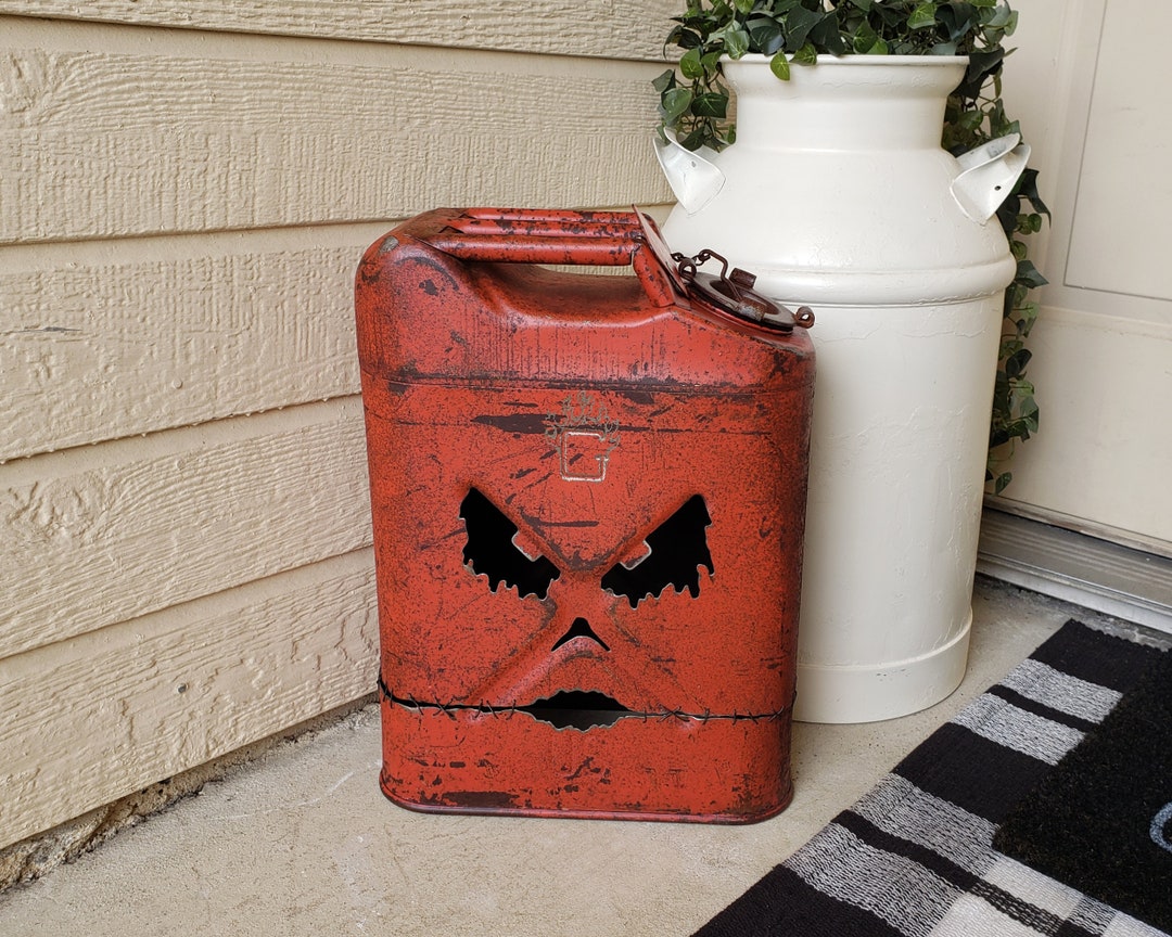 Vintage 5 Gallon Gas Can Jack O Lantern / 18.5 Tall Military Jerrycan