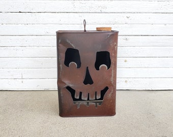 Spooky Skull Gas Can Jack O Lantern  / 10.5" Tall Rustic Halloween Light Up Pumpkin / Front Porch Decor / Fall Garden Candle Holder