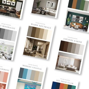 Könnte beinhalten: Eine Sammlung von Farbpalettenkarten mit Innenarchitekturthemen. Die Karten zeigen verschiedene Farbschemata wie "Soft Minimalist", "Warm Neutrals" und "Japandi Earth". Jede Karte enthält ein Beispielbild eines Raumes und eine entsprechende Farbpalette.