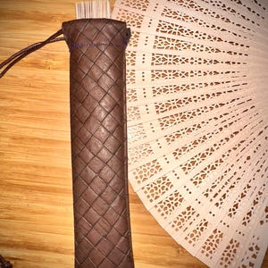 Faux Leather Fan Holster with Sandalwood Hand Fan // BROWN BASKETWEAVE // For Corset or Belt // Small Pouch