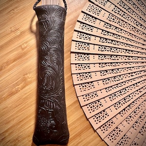 Faux Leather Fan Holster with Sandalwood Hand Fan // FLORAL ENGRAVED // For Corset or Belt // Small Pouch