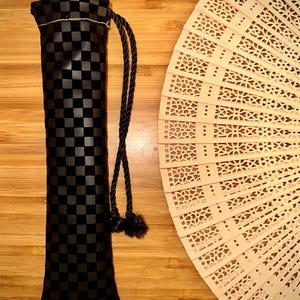 Faux Leather Fan Holster with Sandalwood Hand Fan // BLACK & GREY CHECKERS // For Corset or Belt // Small Pouch