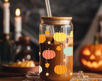 Cartoon Pumpkin Glass Cup, 16oz Iced Coffee Tumbler, Cute Fall Aesthetic Drinkware, Autumn Pumpkin Pattern Cup, Cider Glass with Straw
