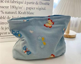 Embroidered Butterfly Cotton Makeup Bag | Soft Classic Minimalist Travel Pouch | Sky Blue Cosmetic Organizer