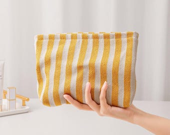 French Striped Canvas Makeup Bag, Parisian Style Minimalist Cosmetic Pouch with Zipper for travel
