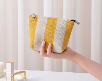 French Striped Canvas Makeup Bag: Soft Yellow White Woven texture cotton pouch