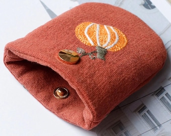 Handmade Embroidered Linen Earbud Pouch, Small Earphone Case, Soft Cotton-Linen Pocket for AirPods