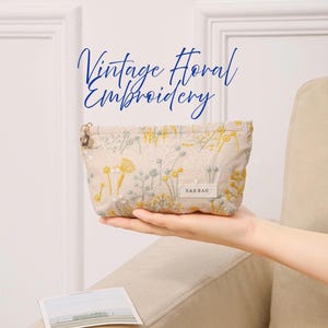 Neceser de viaje vintage de algodón con bordado floral barroco de doble capa | Bonita cartera para artículos de tocador / Flores de primavera / Regalo para el Día de la Madre