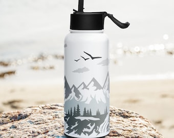 Mountain range stainless steel water bottle with a straw lid
