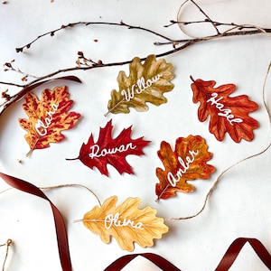 May include: Six decorative oak leaf cutouts in autumn colours of red, orange, yellow, and brown. Each leaf features a white handwritten name: Clara, Willow, Hazel, Rowan, Amber, and Olivia. The leaves are arranged with thin twigs and ribbon.