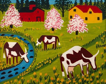Maud Lewis Cows in Meadow Art Print – Folk Art Landscape