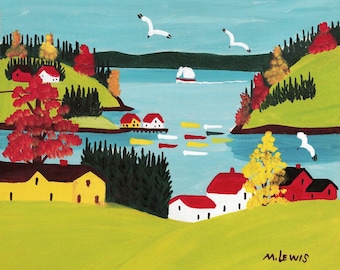 Maud Lewis Coastal Art Print: Nova Scotia Landscape with Gulls
