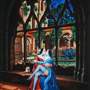 Puede incluir: Dos mujeres vestidas con hábitos de monja se besan en un arco gótico. Las mujeres visten hábitos tradicionales negros y azules con velos blancos. El fondo es un jardín con exuberante vegetación y flores.