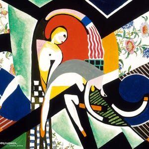 May include: Abstract painting titled "The Thundershower" by Lyman Zatzen. The artwork features geometric shapes, figures, and floral patterns in a vibrant color palette of red, blue, green, yellow, and black. The painting has a retro, art deco style.