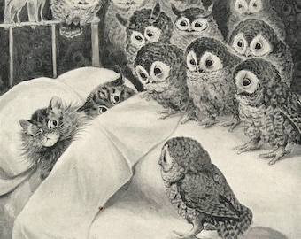 Estampe « Cauchemar du chat » de Louis Wain : art vintage du hibou