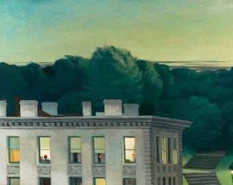 May include: A painting of a white building with windows and a green roof. The building is set against a backdrop of a dark green forest and a light blue sky.