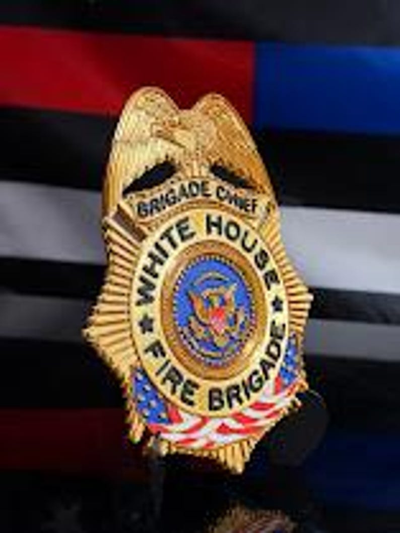 May include: A gold-toned metal badge featuring an eagle at the top, with the text "BRIGADE CHIEF" and "WHITE HOUSE FIRE BRIGADE" engraved around a central circular emblem displaying the Great Seal of the United States and American flag accents.