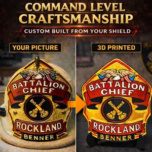 May include: A side-by-side comparison of a firefighter's helmet shield and a 3D-printed replica. The original helmet shield is on the left, and the 3D-printed version is on the right. Both feature the text "BATTALION CHIEF" and "ROCKLAND BENNER". The image also includes the text "COMMAND LEVEL CRAFTSMANSHIP".