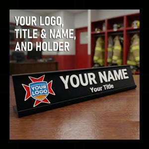 May include: A black desk nameplate with the text "YOUR NAME" in white, and "Your Title" below. The nameplate features a logo with red, blue, and yellow accents. The text "YOUR LOGO, TITLE & NAME, AND HOLDER" is in the background.