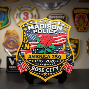 May include: A layered, shield-shaped Madison Police commemorative plaque featuring a central red rose, American flags, and the text "MADISON POLICE", "AMERICA 250", "1776-2026", and "ROSE CITY" in white, yellow, red, and blue on a dark blue background.