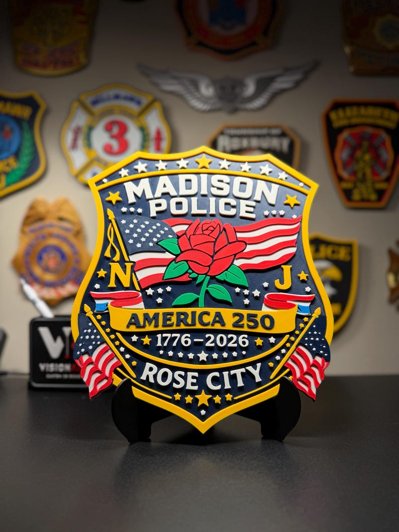 May include: A layered, shield-shaped Madison Police commemorative plaque featuring a central red rose, American flags, and the text "MADISON POLICE", "AMERICA 250", "1776-2026", and "ROSE CITY" in white, yellow, red, and blue on a dark blue background.