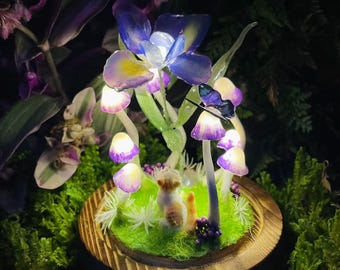 Handmade Iris Night Light, Magic Mushroom Lamp with Cat, Cute Fairy Lamp, Flower Nightlight, Enchanted Fairy Decor,Unique gift