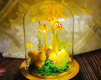 Enchanted Mushroom Night Light with Squirrel: Fairy Tale Bedroom Decor