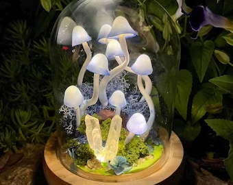 Puede incluir: Una cúpula de cristal decorativa con esculturas de hongos iluminados con sombreros azules y blancos. Los hongos están colocados entre musgo y cristales sobre una base de madera, creando una estética caprichosa y de cuento de hadas.