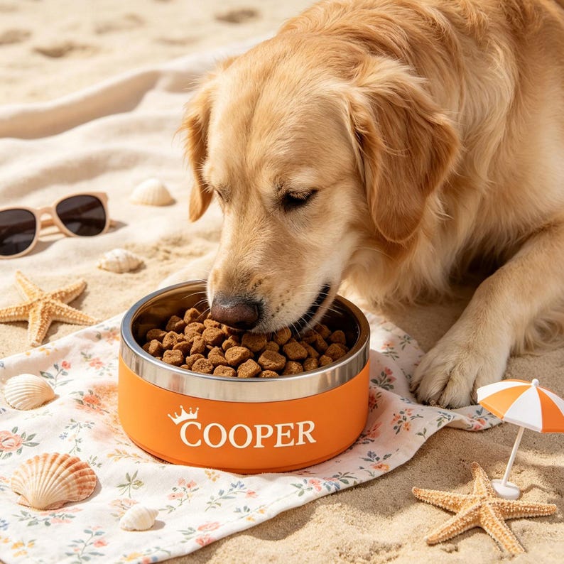 May include: An orange dog bowl with a silver rim, filled with dog food, sits on a floral blanket on the beach. The bowl is personalized with the name "COOPER" and a crown graphic. A golden retriever eats from the bowl, with sunglasses and seashells nearby.