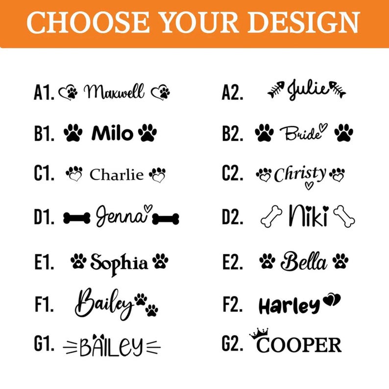 May include: A white background displays various design options with names like Maxwell, Milo, and Charlie, each paired with paw prints, bones, or hearts. The text "CHOOSE YOUR DESIGN" is in an orange banner at the top.