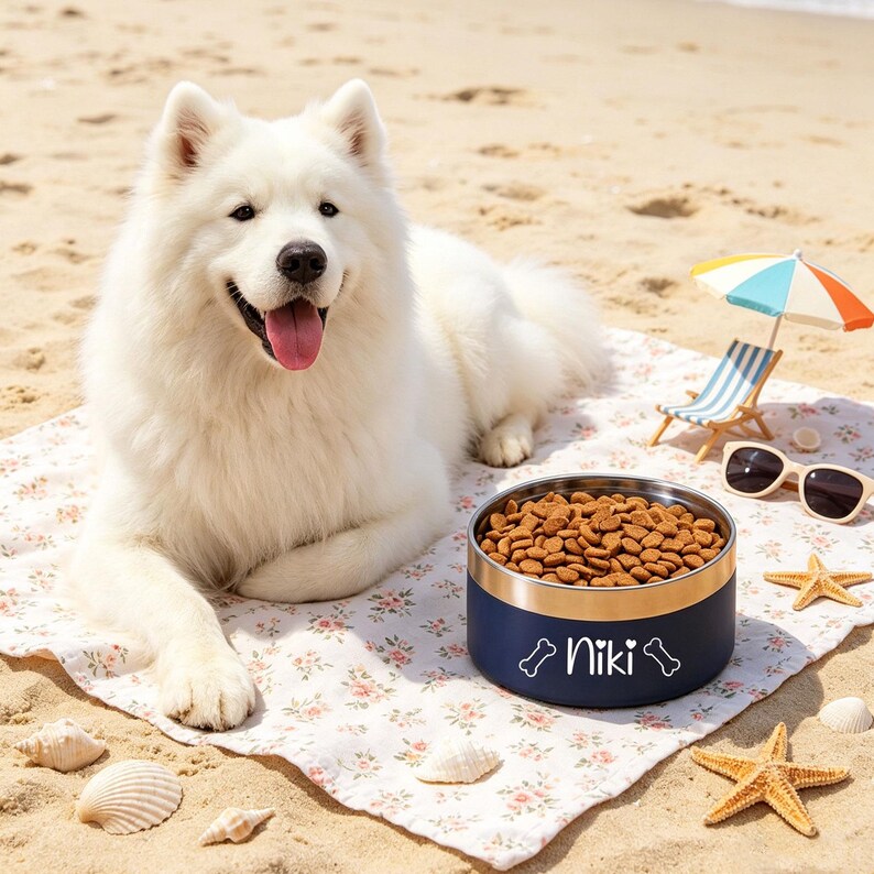 May include: A white Samoyed dog lies on a floral blanket on a sandy beach next to a navy blue dog bowl filled with kibble. The bowl has a gold rim and the name "Niki" printed on it. A miniature beach chair, sunglasses, and starfish are also present.