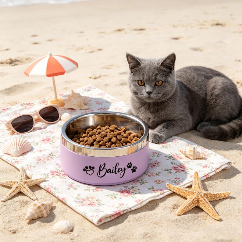 May include: A lilac cat bowl with a stainless steel interior, filled with dry cat food, sits on a floral patterned blanket on a sandy beach. The bowl is personalized with the name "Bailey" and paw prints. A gray cat is nearby.