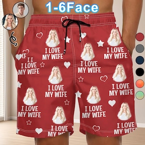 Gepersonaliseerde foto strandshort - grappig I Love My Love cadeau voor vriend, echtgenoot - aangepaste zwembroek voor hem, zomervakantie
