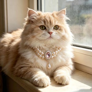 Könnte beinhalten: Eine flauschige, hellorangefarbene und weiße Katze, die eine Perlenkette mit einem rosa Edelsteinanhänger trägt. Die Katze sitzt auf einer Fensterbank und blickt direkt in die Kamera. Die Halskette hat mehrere Perlenstränge.