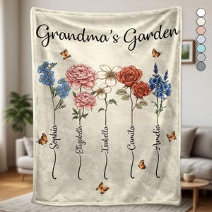 Grandma’s Garden Birth Flower Blanket – Personalized Fleece or Sherpa Throw with Grandkids’ Names – Gift for Nana, Mom, or Great Grandma