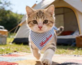 Pañuelo para gato de cuadros vichy bordado a medida, bufanda de muselina de algodón suave para mascotas