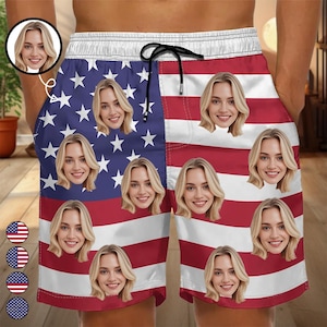Aangepaste foto strandshort Amerikaanse vlag – gepersonaliseerde USA patriottische zwembroek voor mannen vrouwen, 4 juli cadeau, unisex zomeroutfit