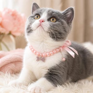 May include: A grey and white cat wearing a pink pearl collar featuring a small bone-shaped charm encrusted with clear rhinestones and a matching pink satin ribbon bow tied at the side with a dangling pearl accent charm.