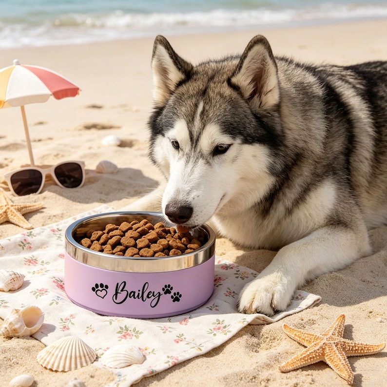 May include: A lilac pet bowl with a silver rim, filled with dog food, sits on a beach. The bowl is personalized with the name "Bailey", a heart, and paw prints. A gray and white husky dog is eating from the bowl. Sunglasses and a small beach umbrella are in the background.