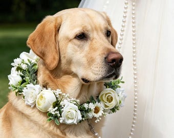 Boho Garden Dog Floral Head Wreath, Pink Rose Dog Flower Crown, Pet Wedding Floral Collar, Bridal Dog Accessory, Outdoor Wedding Dog Attire