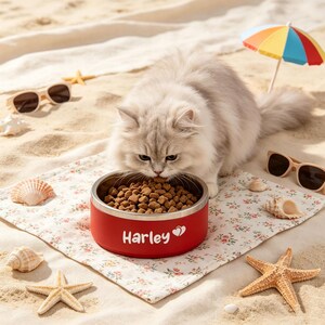May include: A fluffy, light gray cat eating from a red pet bowl with the name "Harley" and a heart symbol. The bowl is on a floral patterned mat, surrounded by seashells, starfish, and sunglasses on a sandy beach setting.