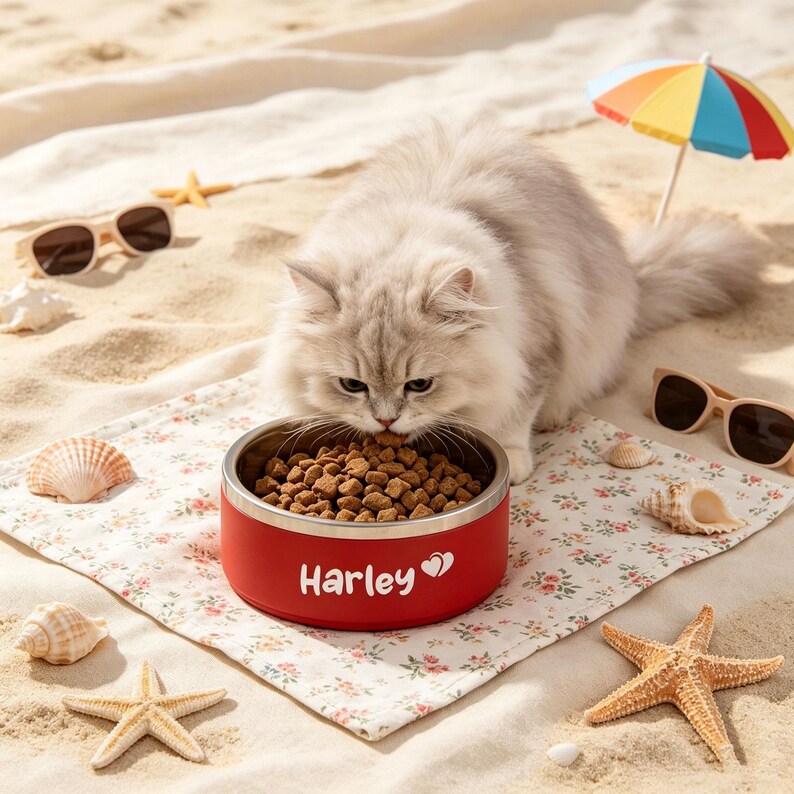 May include: A fluffy, light gray cat eating from a red pet bowl with the name "Harley" and a heart symbol. The bowl is on a floral patterned mat, surrounded by seashells, starfish, and sunglasses on a sandy beach setting.